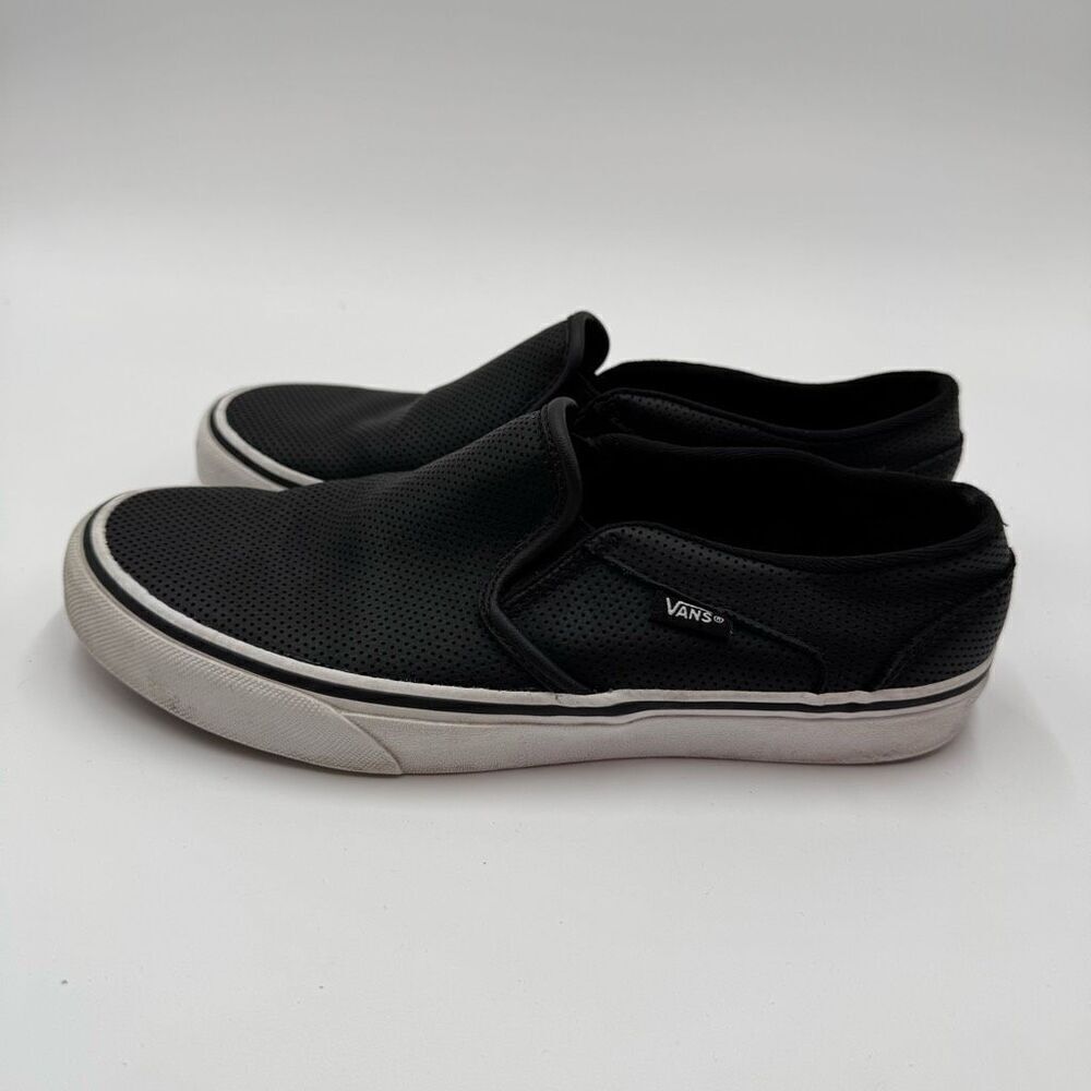 Vans Women Classic Slip On Black White Perforated Leather Skate Shoe Size 8.5 US
